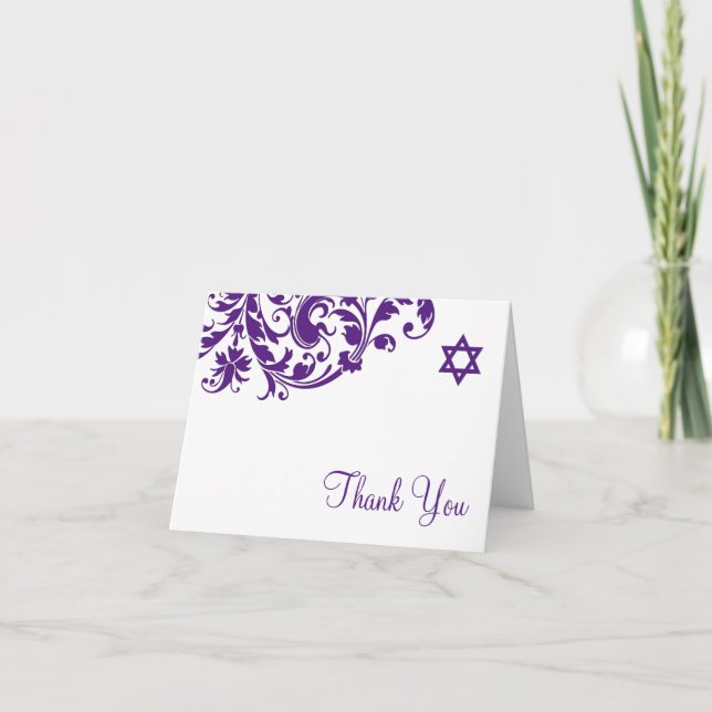Elegant Purple Flourish Bat Mitzvah Thank You Card (Front)