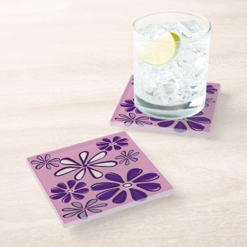 Elegant Purple Flower Doodle Pink Glass Coaster