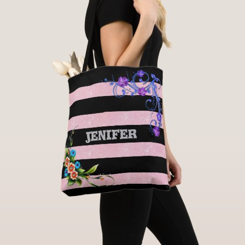 elegant purple flower Floral Black Pink strip   Tote Bag