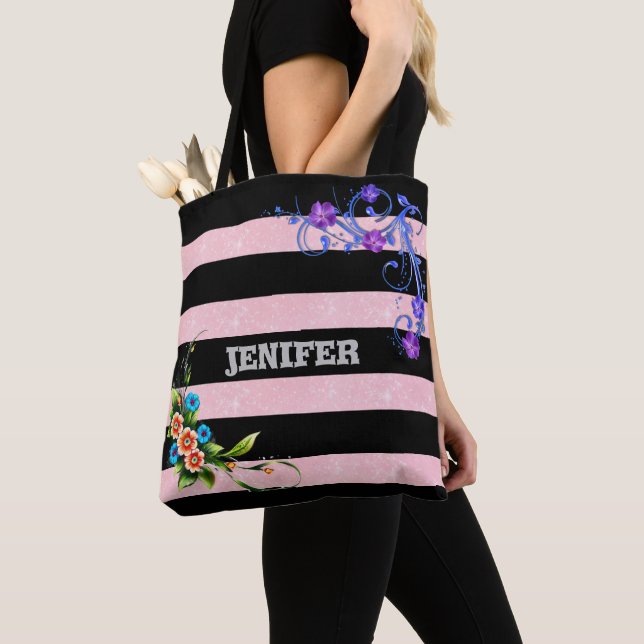 elegant purple flower Floral Black Pink strip   Tote Bag (Close Up)