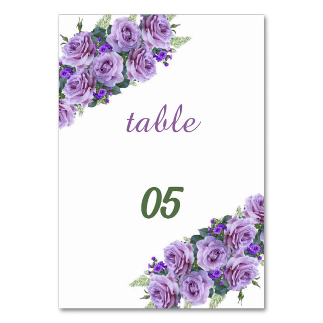 Elegant Purple Flower Personalized Wedding Table Number (Front)