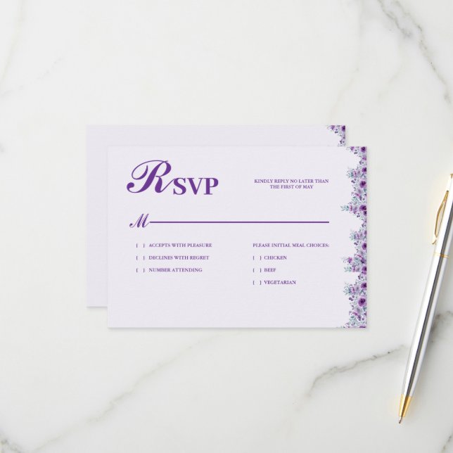 Elegant purple flower RSVP card (Front/Back In Situ)