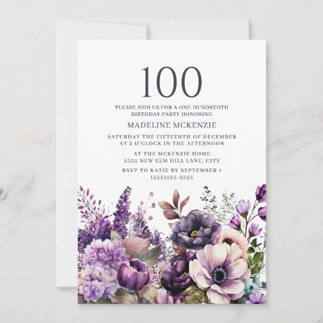 Elegant Purple Flowers 100th Birthday Invitation (Front)