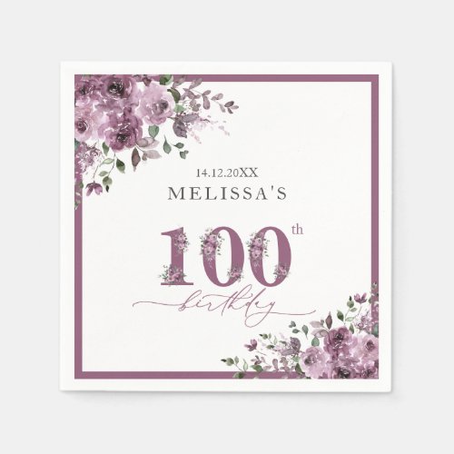 Elegant Purple Flowers 100th Birthday Party Napkins