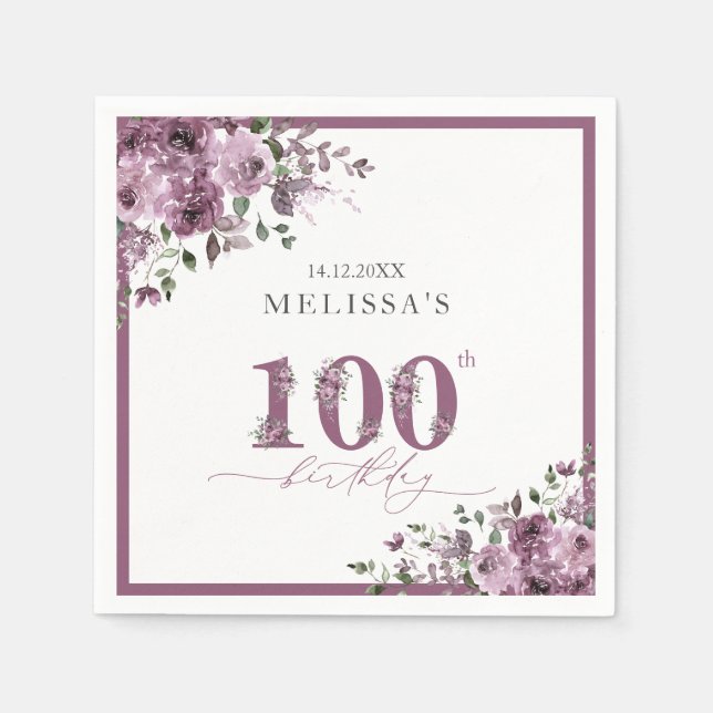 Elegant Purple Flowers 100th Birthday Party Napkins (Front)