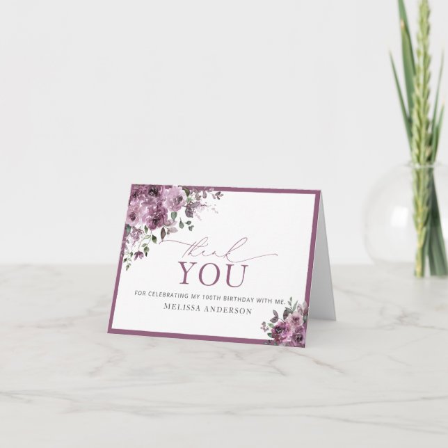 Elegant Purple Flowers 100th Birthday Thank You Card (Front)