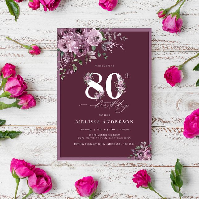 Elegant Purple Flowers 80th Birthday Invitation (Creator Uploaded)