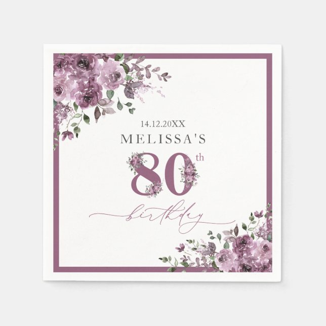 Elegant Purple Flowers 80th Birthday Party Napkins (Front)