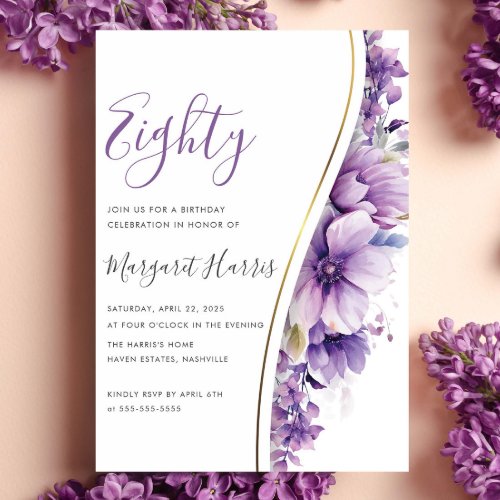 Elegant Purple Flowers 80th Eighty Birthday Invitation