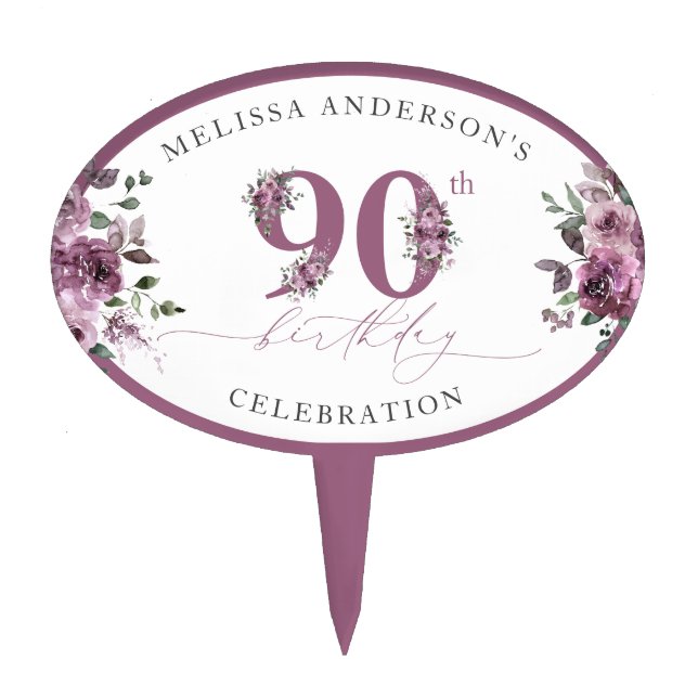 Elegant Purple Flowers 90th Birthday Cake Pick (Front)