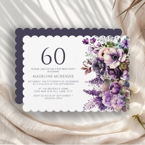 Elegant Purple Flowers Adult 60th Birthday Invitation