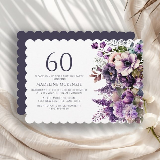 Elegant Purple Flowers Adult 60th Birthday Invitation (Purple and pink watercolor floral 60th birthday party invitation)