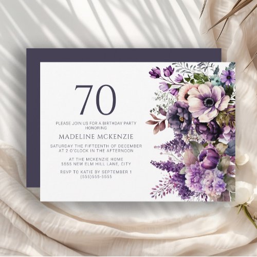 Elegant Purple Flowers Adult 70th Birthday Invitation
