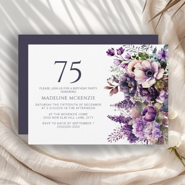 Elegant Purple Flowers Adult 75th Birthday Invitation (Elegant purple and pink floral 75th birthday party invitation)