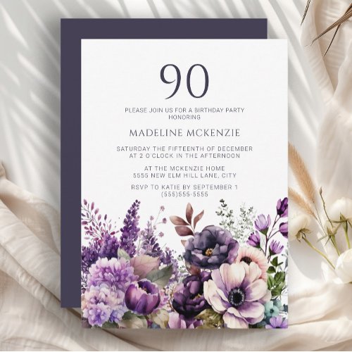 Elegant Purple Flowers Adult 90th Birthday Invitation