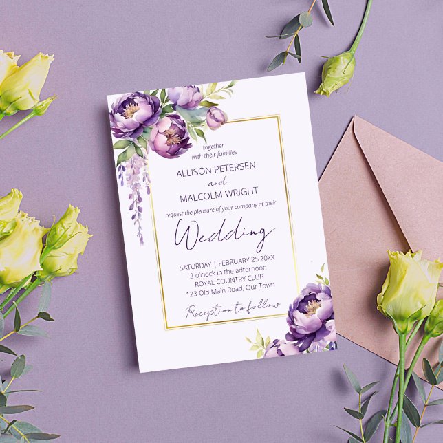 Elegant purple flowers all in one wedding template (Elegant purple watercolor peonies wisteria wedding editable template invitation digital download)