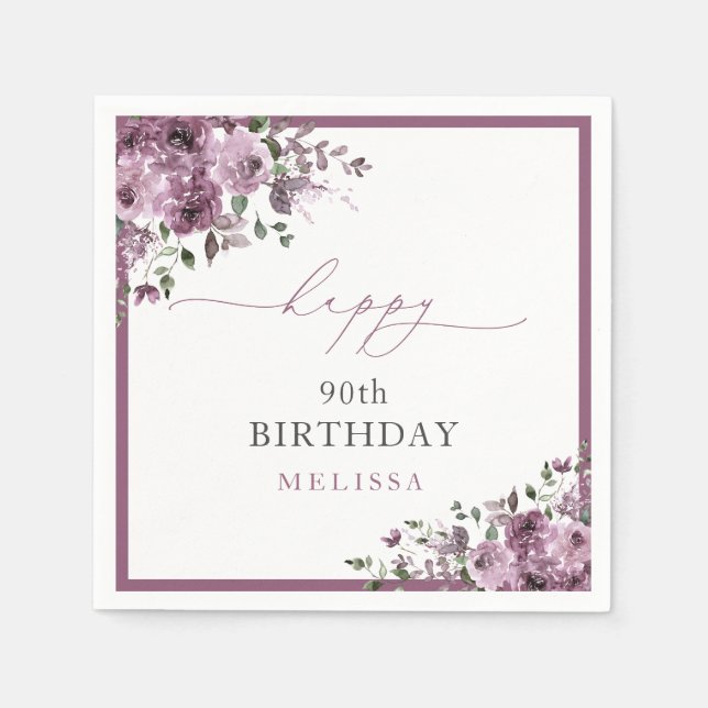 Elegant Purple Flowers Any Age Birthday Party Napkins (Front)
