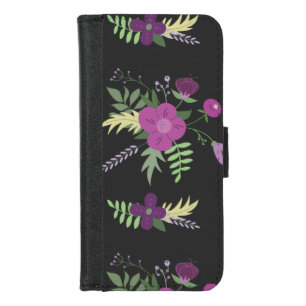 Elegant Purple Flowers Art on Black iPhone 8/7 Wallet Case