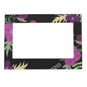 Elegant Purple Flowers Art on Black Magnetic Frame