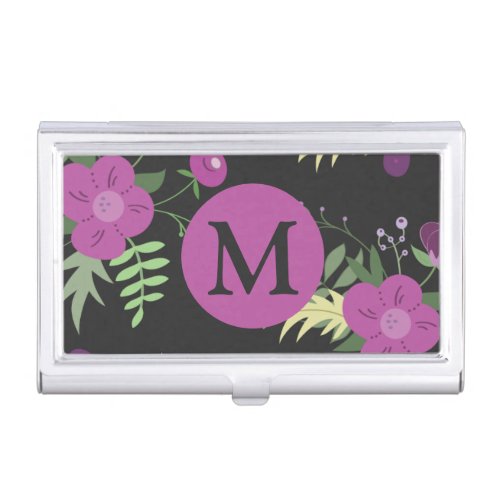 Elegant Purple Flowers Art on Black Monogram Business Card Case