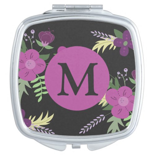 Elegant Purple Flowers Art on Black Monogram Compact Mirror