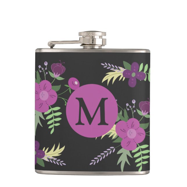 Elegant Purple Flowers Art on Black Monogram Flask (Front)