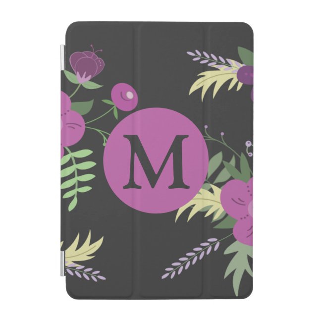 Elegant Purple Flowers Art on Black Monogram iPad Mini Cover (Front)