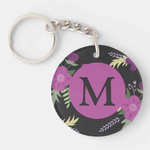 Elegant Purple Flowers Art on Black Monogram Keychain