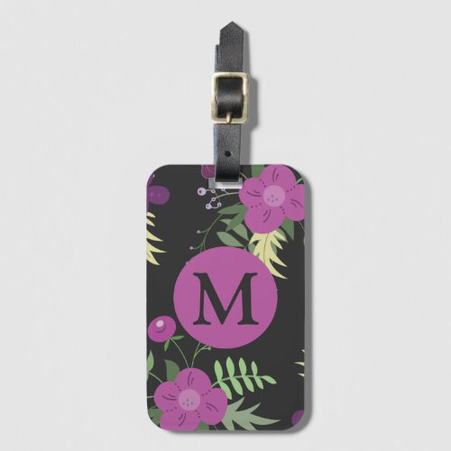 Elegant Purple Flowers Art on Black Monogram Luggage Tag