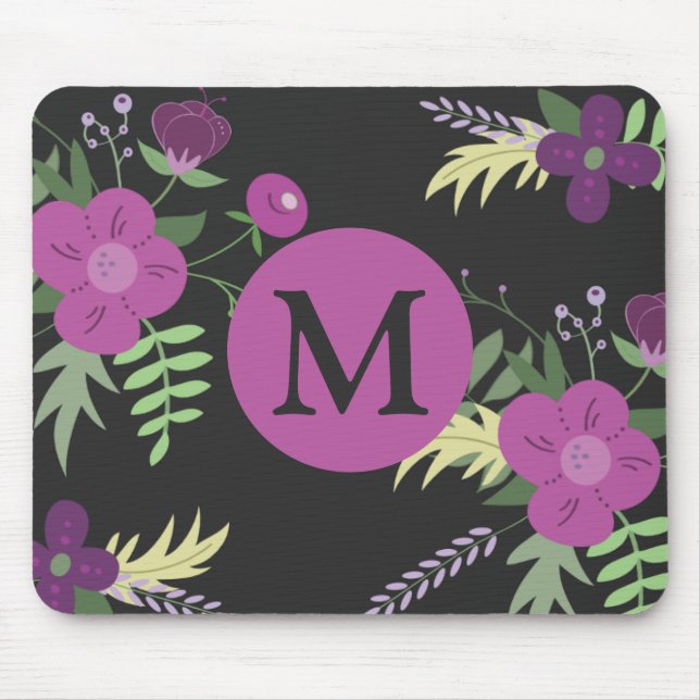 Elegant Purple Flowers Art on Black Monogram Mouse Pad (Front)