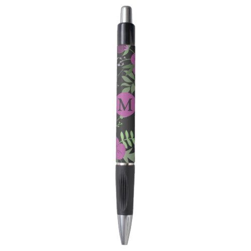 Elegant Purple Flowers Art on Black Monogram Pen