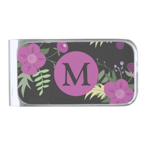 Elegant Purple Flowers Art on Black Monogram Silver Finish Money Clip