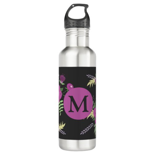 Elegant Purple Flowers Art on Black Monogram Stainless Steel Water Bottle