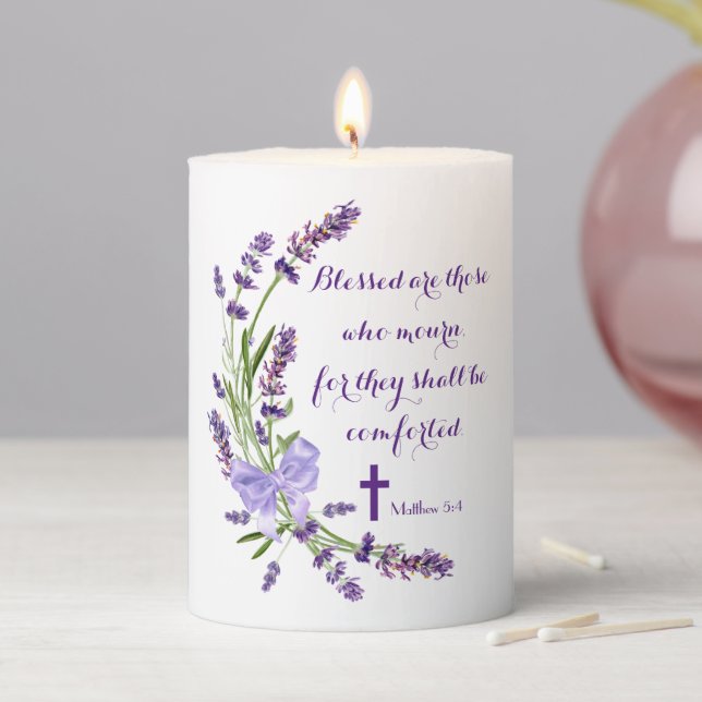 Elegant Purple Flowers Bible Verse Mourning Pillar Candle (In Situ)