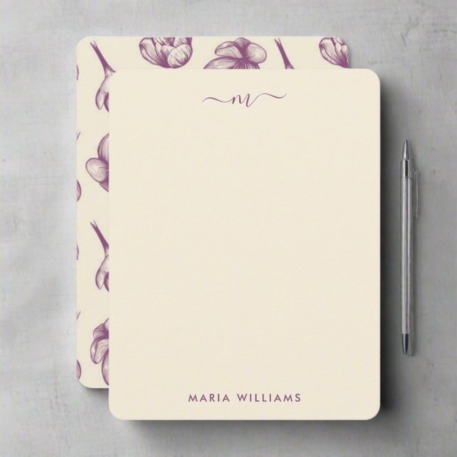 Elegant Purple Flowers & Blush Pink Monogram Note Card (Creator Uploaded)