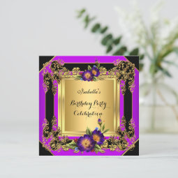 Elegant Purple Flowers Gold Black Birthday Party Invitation | Zazzle