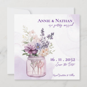 Elegant Purple Flowers In Mason Jar Floral Wedding Announcement