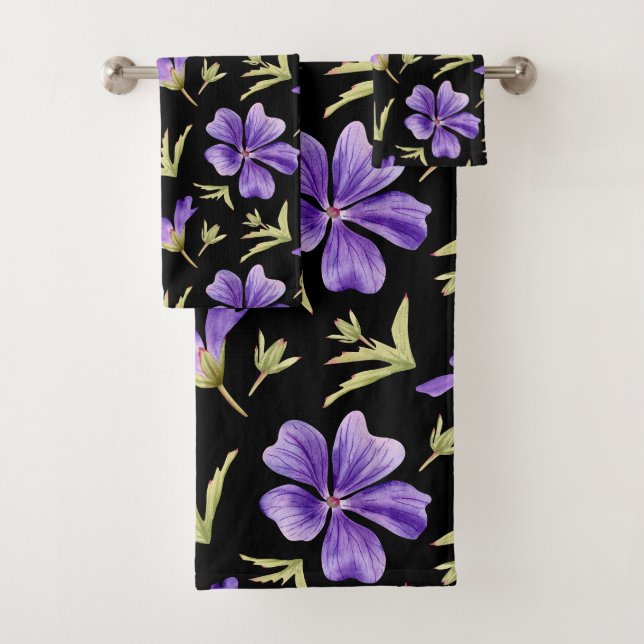Elegant Purple Flowers Pattern with Green Accents Bath Towel Set (Insitu)