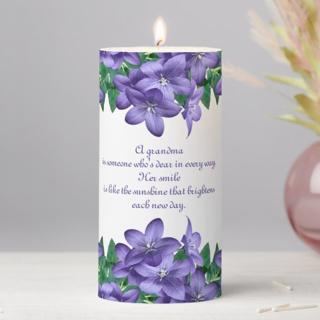 Elegant Purple Flowers & Poem Gift for Grandma Pillar Candle (In Situ)
