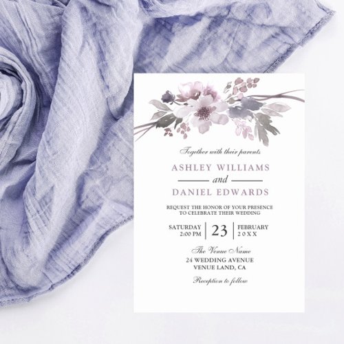 Elegant Purple Flowers White Wedding Invite