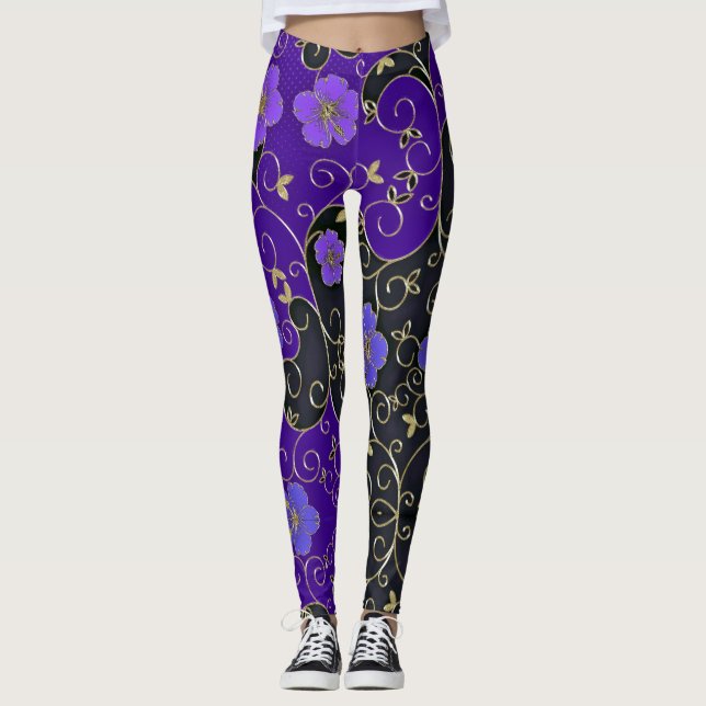 Elegant Purple Flowers With Gold Leaves And Swirls Leggings (Front)