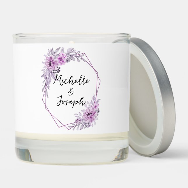 Elegant Purple Flowers with Names Wedding Scented Candle (Lid)