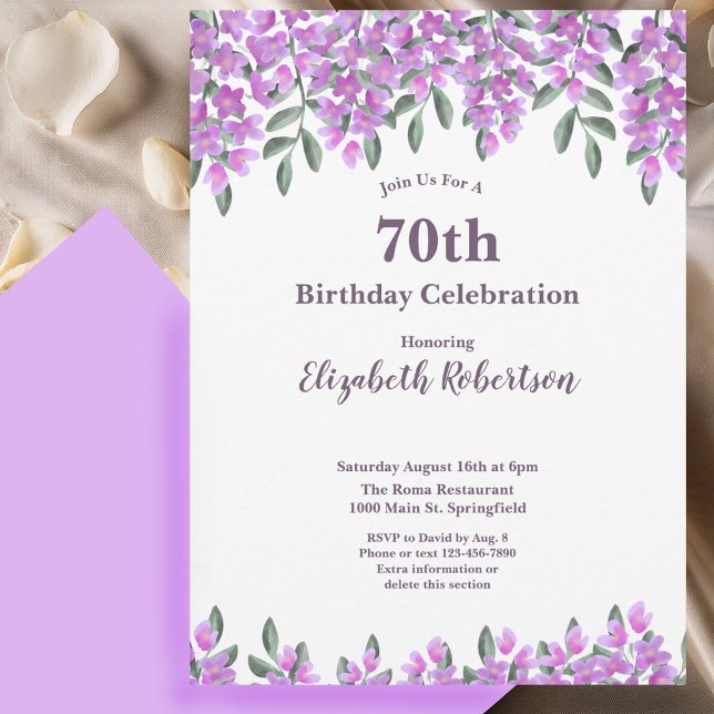 Elegant Purple Flowers Women's 70th Birthday  Invitation (Creator Uploaded)