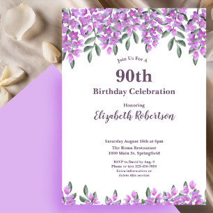 Elegant Purple Flowers Women's 90th Birthday Invitation