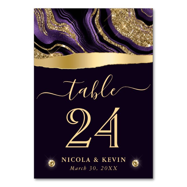 Elegant Purple Foil and Gold Glitter Agate Wedding Table Number (Front)