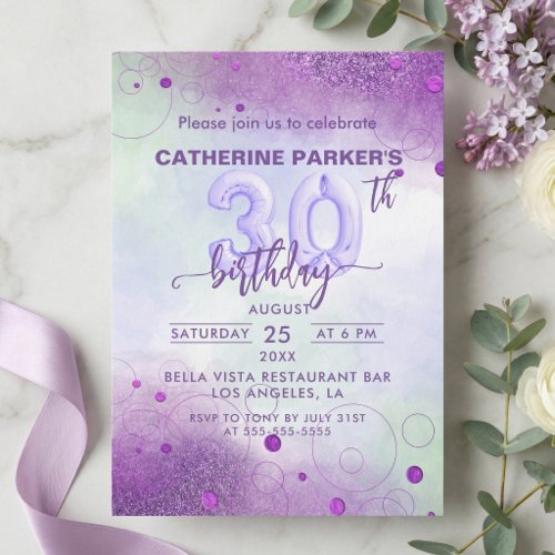 Elegant Purple Foil Balloon 30th Birthday Invitation