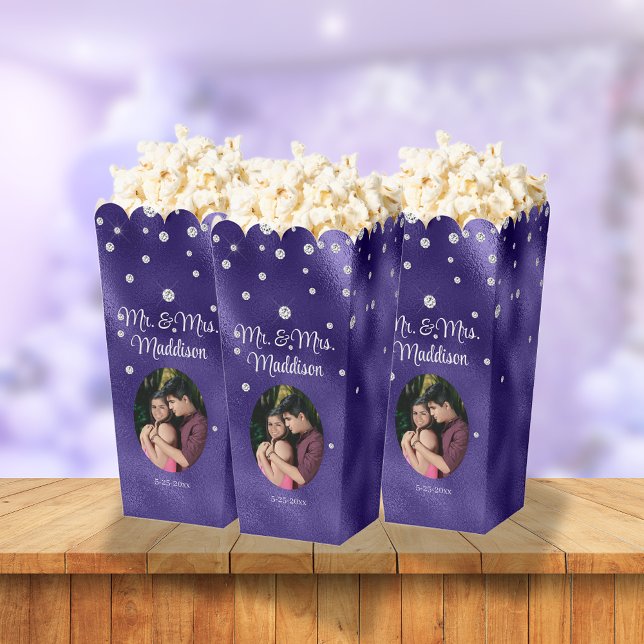 Elegant Purple Foil & Diamond Wedding Popcorn Favor Boxes (Creator Uploaded)