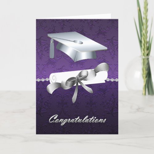 Elegant Purple Foil Like Damask Graduation Card