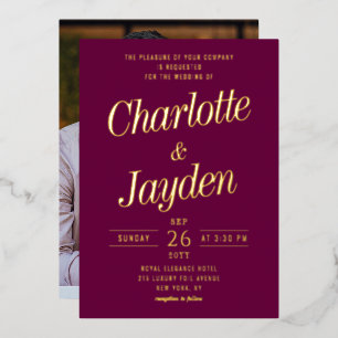Elegant Purple Foil Script Photo Wedding Invitation