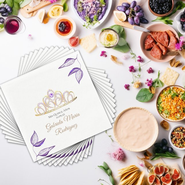 Elegant Purple Foliage and Tiara Quinceañera  Napkins (Creator Uploaded)